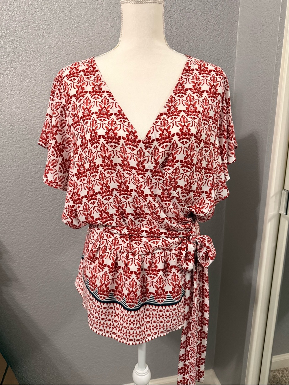 LOFT Red and White Floral Wrap Blouse